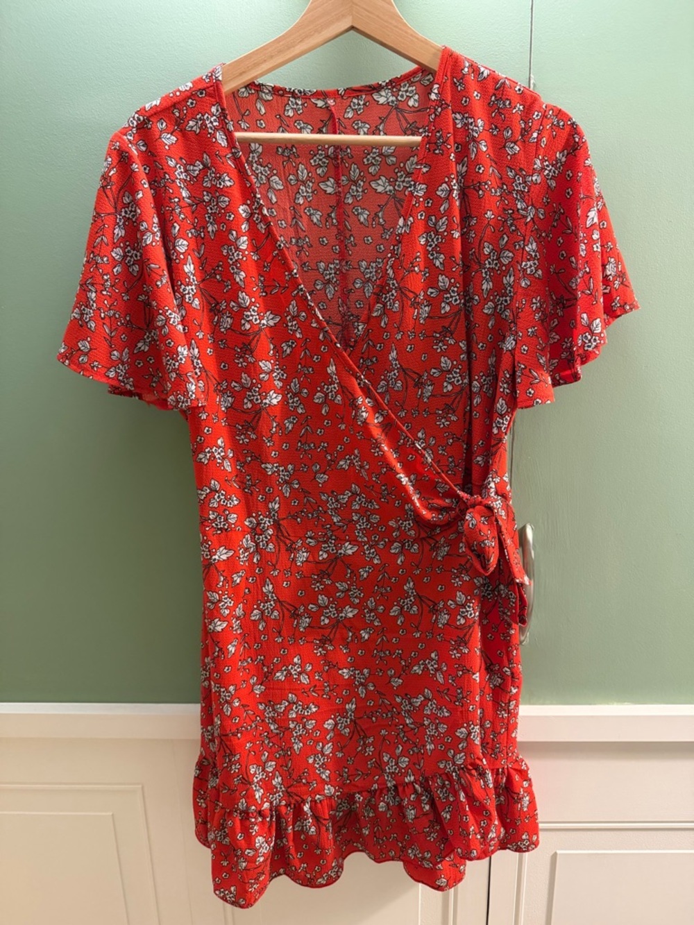 Amazon Red Floral Wrap Mini Dress with White Accents